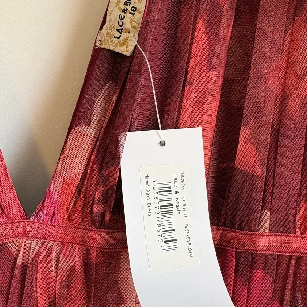 Women's Lace & Beads Red Tiered Floral Tulle Dress - Picture 2 of 6